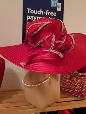 Elegant Women's Wide Brim Hat with Crystal Trim - Red